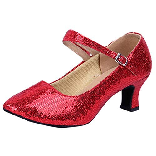 Damen Pumps Standard Latein Tanzschuhe Brautschuhe Elegante Schuhe Basic Absatzschuhe Frühling Mittelhohe Weicher Boden Atmungsaktiv Schlüpfen 3 Farben (Rot, EU41) von Celucke Sandalette