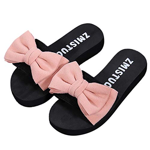 Damen Slider Flache Hausschuhe mit Schleife, Sommer Plateau Strandpantolette Bequeme Sandalen für Urlaub Strand Celucke (Pink, EU40) von Celucke Sandalette