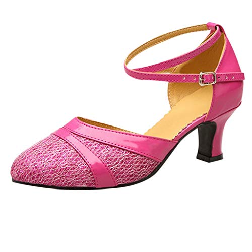 Damen Standard Latein Tanzschuhe Brautschuhe Mittelhohe Knöchelriemen Weicher Boden Schlüpfen, Celucke Klassische Pumps Basic Absatzschuhe Frühling Elegante Schuhe (Hot Pink, EU37) von Celucke Sandalette