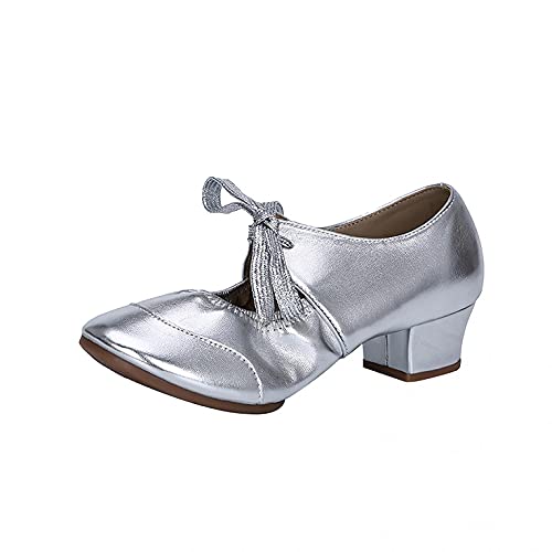 Damen Tanzschuhe Latein Tango Salsa Schuhe Blockabsatz Elegante Pumps Brautschuhe mit Riemchen Geschlossen Celucke (Silber, EU37) von Celucke Sandalette