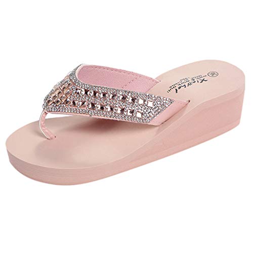 Damen Zehentrenner Plateau Keilabsatz Sommer Zehenstegsandalen mit Blume, Frauen Flip Flops Bequeme Sandalen für Urlaub Strand Celucke (Pink, EU37) von Celucke Sandalette