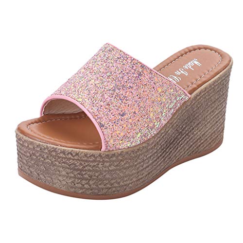 Espadrilles Damen Plateau Sandalen Flach Pantoletten mit Keilabsatz, Sommerschuhe Frauen Sandaletten Peep Toe Strand Hausschuhe Bequeme Strandsandalen Celucke (Pink, 37) von Celucke Sandalette