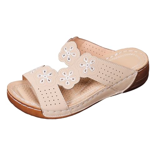 Pantoletten Für Damen Sommer Retro Einfarbig Riemen Bogen Hohl Fischmau Keil Sandalen Dicke Sohlen Strand Slipper Große Hausschuhe Freizeit Schuhe Rutschfeste Bequem Strandschuhe von Celucke Sandalette