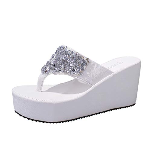 Zehentrenner Damen Keilabsatz Frauen Flip Flops Plateau Sommer Zehenstegsandalen Strass Sandalen Schöne Sommerschuhe Celucke (Weiß, EU36) von Celucke Sandalette