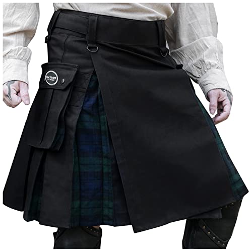 Celucke Faltenrock Herren Schottenrock mit Kontrasttaschen Schottischer Karo Kilt Faltenrock Hohe Taille Kurz Skirt Skater Rock Kariert Minirock Streetwear Röcke(Schwarz,XXL) von Celucke