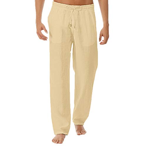 Celucke Herren Leinenhosen Lange Sommer Strand Stoffhose Einfarbig Sommerhose Regular Fit, Männer Leinen Strandhose Freizeithose Casual Urlaub Bequem Leichte Atmungsaktives (Gelb, XL) von Celucke