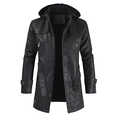 Celucke Lederjacke Herren Kapuzenjacke Kunstleder Bikerjacke Winter Mantel Lange Winterjacke Hoodie Herbst Winter Übergangsjacke (Schwarz, XXL) von Celucke