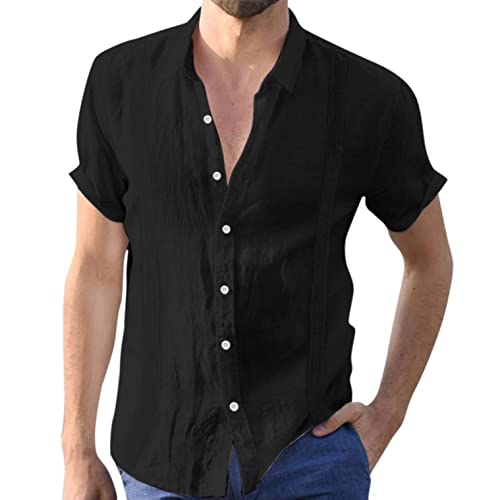 Celucke Leinenhemd Herren Kurzarm Hemd Einfarbig Shirt Henry Kurzarmshirt Sommer Reverskragen Hemden Freizeit Sommerhemd Baumwolle Leinen Shirts Leicht Oberteil Casual(Schwarz,XXL) von Celucke