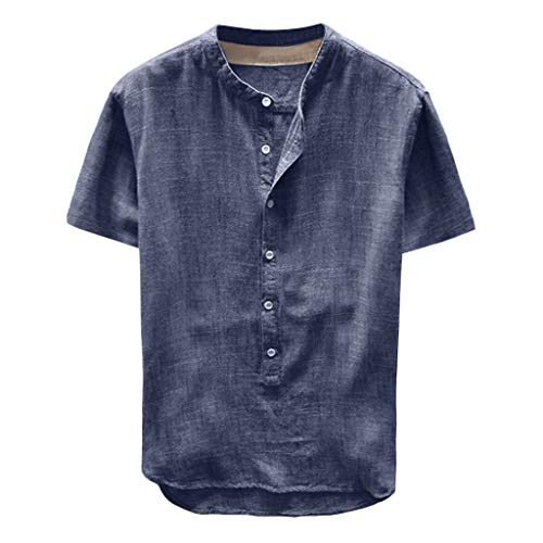 Celucke Leinenhemd Herren Kurzarm Henley Shirt Männer Einfarbig Freizeithemd Übergröße Sommer Casual Hemden Leichte Atmungsaktives Bequem Leinen Sommerhemden Loose Fit von Celucke