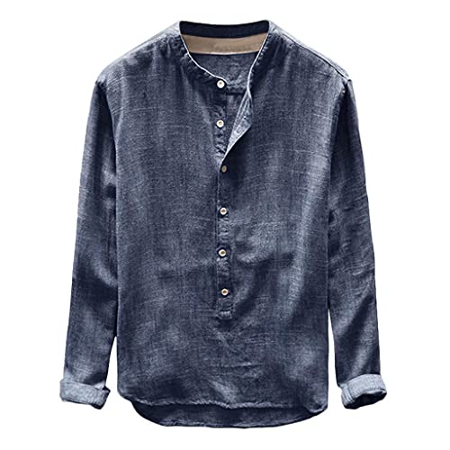 Celucke Leinenhemd Herren Langarm Henley Shirt Männer Einfarbig Freizeithemd Übergröße Sommer Casual Hemden Leichte Atmungsaktives Bequem Leinen Sommerhemden Loose Fit (Blau, XXXL) von Celucke