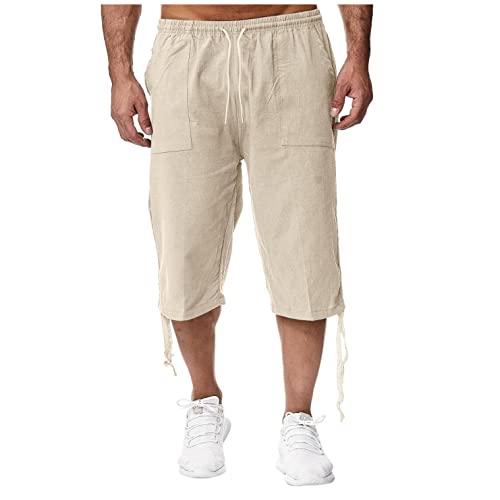 Celucke Leinenhose Herren Leinen Freizeithose Stoffhose Elegant Baumwollhose Strandhose im Leinen-Look Sommerhose Männer Leicht Cropped Hose Pants mit Kordelzug Sport Jogging(Beige,XL) von Celucke