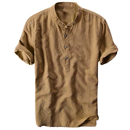 Celucke Oversize Leinenhemd Herren Kurzarm Grandad Ausschnitt, Männer Freizeithemd Henley Shirt Sommer Casual Hemden Leichte Atmungsaktives Bequem Leinen Sommerhemden (Gelb, L) von Celucke