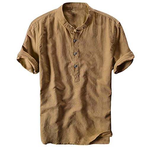 Celucke Oversize Leinenhemd Herren Kurzarm Grandad Ausschnitt, Männer Freizeithemd Henley Shirt Sommer Casual Hemden Leichte Atmungsaktives Bequem Leinen Sommerhemden (Gelb,XL) von Celucke