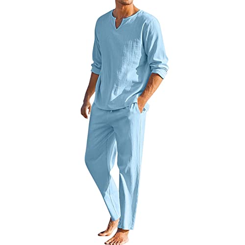 Celucke Zweiteiler Leinen Freizeitanzug Herren Leinenanzug Sommer 2-Teiliges Shirt Langarm und Strandhose aus Baumwolle und Leinen Hausanzug Jogginganzug Yoga Anzug (Light Blue, L) von Celucke