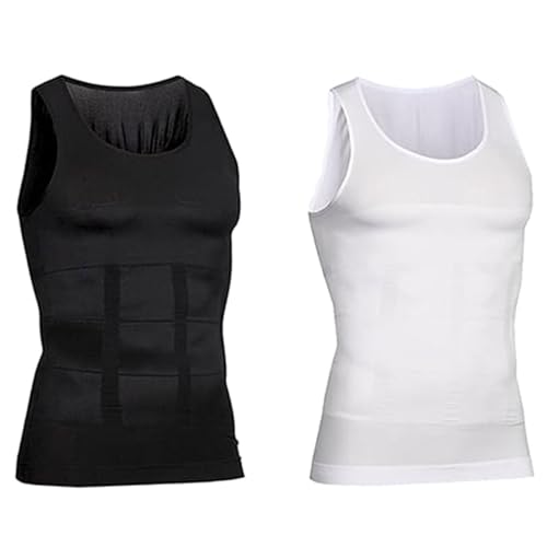 2 Pack SculptCore - Men's Body Shaper Slimming Vest ABS Abdomen Compression Shirt Workout Tank Tops (Black+White,Medium) von Cemssitu