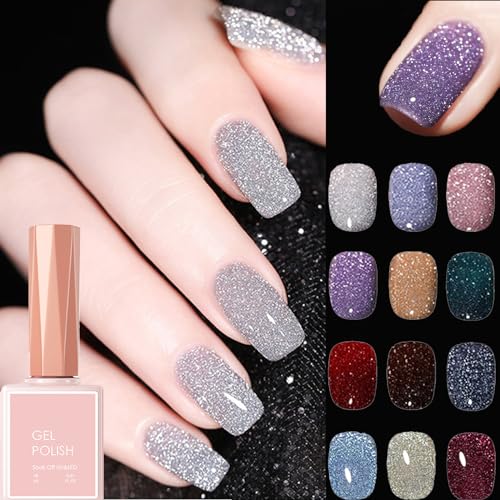 Cemssitu High Density Glitter Nail Gel Polish, 2024 New Reflective Glitter Gel Nail Polish Set, 12 Colors Reflective Glitter Gel Polish Women Girls Gift (0.6oz,SE01) von Cemssitu