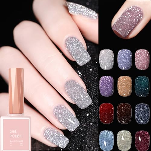 Cemssitu High Density Glitter Nail Gel Polish, 2024 New Reflective Glitter Gel Nail Polish Set, 12 Colors Reflective Glitter Gel Polish Women Girls Gift (0.6oz,SE02) von Cemssitu