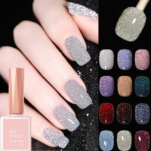 Cemssitu High Density Glitter Nail Gel Polish, 2024 New Reflective Glitter Gel Nail Polish Set, 12 Colors Reflective Glitter Gel Polish Women Girls Gift (0.6oz,SE03) von Cemssitu