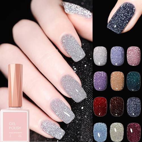 Cemssitu High Density Glitter Nail Gel Polish, 2024 New Reflective Glitter Gel Nail Polish Set, 12 Colors Reflective Glitter Gel Polish Women Girls Gift (0.6oz,SE05) von Cemssitu