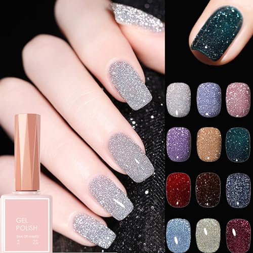 Cemssitu High Density Glitter Nail Gel Polish, 2024 New Reflective Glitter Gel Nail Polish Set, 12 Colors Reflective Glitter Gel Polish Women Girls Gift (0.6oz,SE08) von Cemssitu