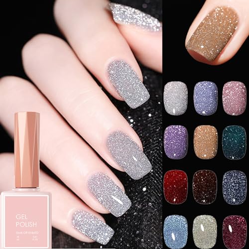 Cemssitu High Density Glitter Nail Gel Polish, 2024 New Reflective Glitter Gel Nail Polish Set, 12 Colors Reflective Glitter Gel Polish Women Girls Gift (0.6oz,SE09) von Cemssitu