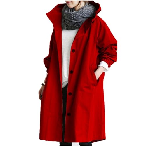 Cemssitu Hooded Trench Coat, Hooded Rain Trench Jacket for Women Long, Autumn Winter Loose Waterproof Hooded Trench Coats (Red,XL) von Cemssitu