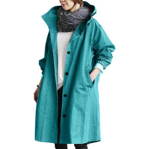 Cemssitu Hooded Trench Coat, Hooded Rain Trench Jacket for Women Long, Autumn Winter Loose Waterproof Hooded Trench Coats (TurquoiseBlue,2XL) von Cemssitu