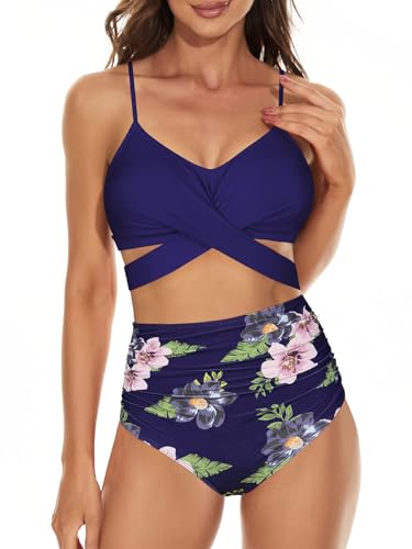 Century Star Bikini Damen Bauchweg Badeanzug High Waist Push Up Bikinis für Damen Verstellbarer Schultergurt Zweiteiliger Badeanzug Marineblau Druck XL von Century Star