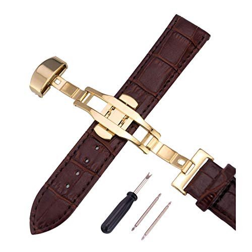 12mm-24mm Männer Frauen Uhrenarmbänder Alligator Textur Echtlederband Push-Haken Uhren Zubehör Gold Buckle Kaffee, 12mm von Cerobit