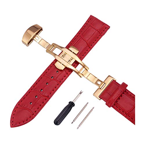 12mm-24mm Männer Frauen Uhrenarmbänder Alligator Textur Echtlederband Push-Haken Uhren Zubehör Gold Buckle Red, 20mm von Cerobit