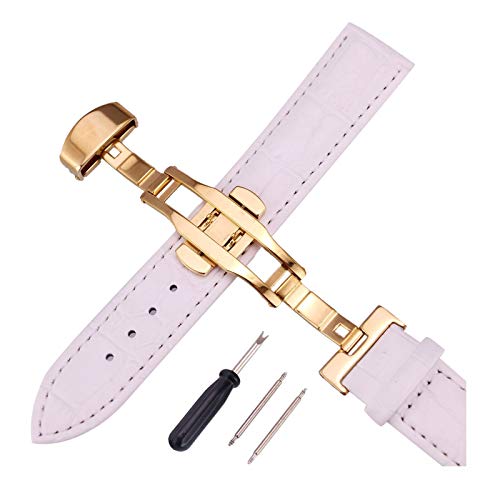 12mm-24mm Männer Frauen Uhrenarmbänder Alligator Textur Echtlederband Push-Haken Uhren Zubehör Gold Buckle Weiß, 20mm von Cerobit