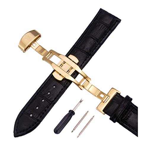 12mm-24mm Männer Frauen Uhrenarmbänder Alligator Textur Echtlederband Push-Haken Uhren Zubehör Gold Schnalle Schwarz, 12mm von Cerobit