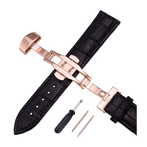 12mm-24mm Männer Frauen Uhrenarmbänder Alligator Textur Echtlederband Push-Haken Uhren Zubehör Rosegold Schnalle Schwarz, 12mm von Cerobit