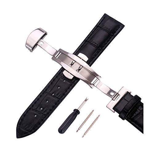 12mm-24mm Männer Frauen Uhrenarmbänder Alligator Textur Echtlederband Push-Haken Uhren Zubehör Silver Buckle Schwarz, 20mm von Cerobit