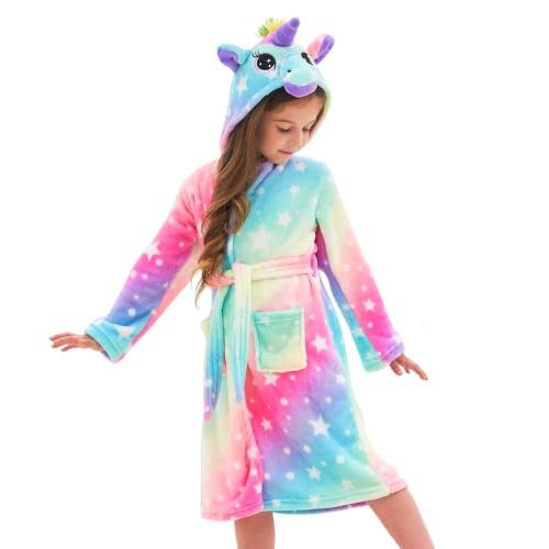 Ceruwum Einhorn Bademantel für Mädchen Weich Fleece Morgenmäntel mit Kapuze (Rosa/Blau, 4-5 Jahre) von Ceruwum