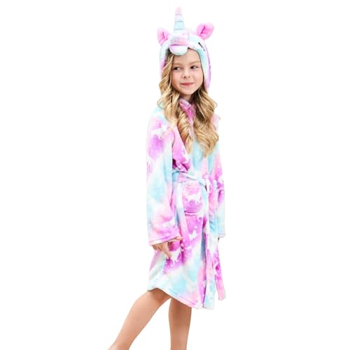 Ceruwum Einhorn Bademantel für Mädchen Weich Fleece Morgenmäntel mit Kapuze (Rosa/Lila/Blau Einhorn, 6-7 Jahre) von Ceruwum