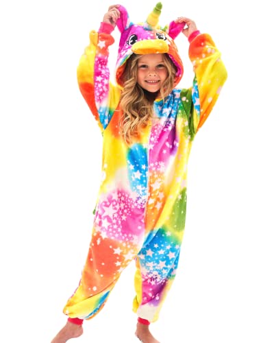 Ceruwum Einhorn Schlafoveralls für Mädchen Fleece Schlafanzug Einhorn Strampelanzug Onesie (Gelb/Lila/Blau, 9-10 Jahre) von Ceruwum