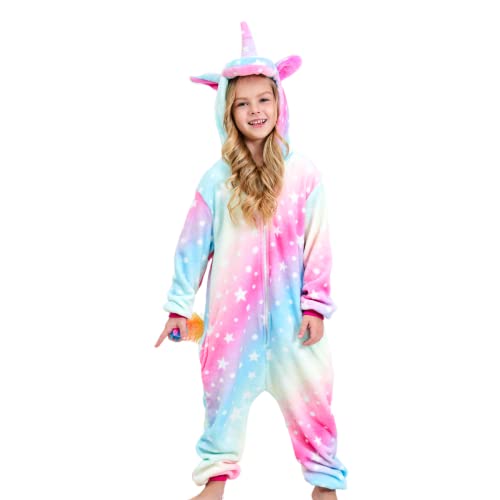 Ceruwum Einhorn Schlafoveralls für Mädchen Fleece Schlafanzug Einhorn Strampelanzug Onesie (Rosa/Blau, 7-8 Jahre) von Ceruwum