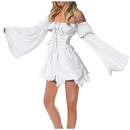 Piratenkostüm Damen Korsett Renaissance Viktorianische Off Shoulder Kleid Kurz Jumpsuit Piratinkleid Weiß A-Linie-Kleid Trägerloses, Knielange Patchwork-Kleid Strandkleid Party Karneval Kostüm Piratin von Chanpning