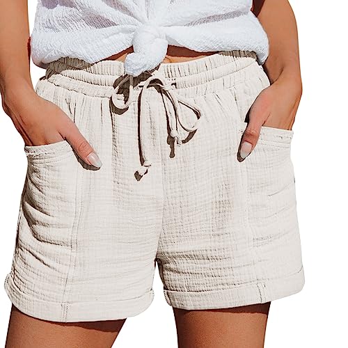 Shorts Damen Sommer Mode Lässige Musselin Hose mit Hoher Taille Gerades Bein Sport Lässige Lockere Shorts mit Kordelzug Kurze Hose mit Taschen Gummiband Freizeit Shorts Elastische Stoffhose Chino von Chanpning