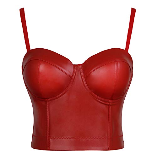 Charmian Damen Spaghettiträger Push Up Kunstleder Bustier Crop Top BH red Mittel von Charmian