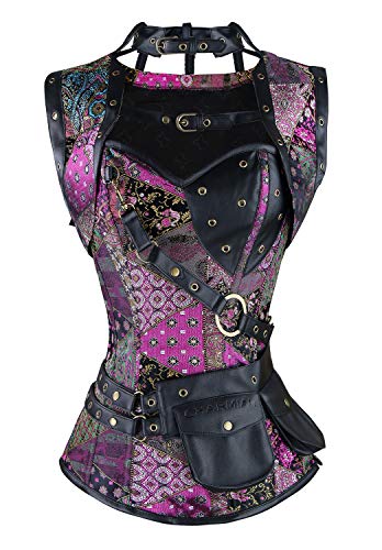 Charmian Damen Stahl ohne Knochen Retro Gothic Brokat Steampunk Bustiers Korsett Top mit Jacke und Gürtel Mehrfarbig 6X-Groß von Charmian