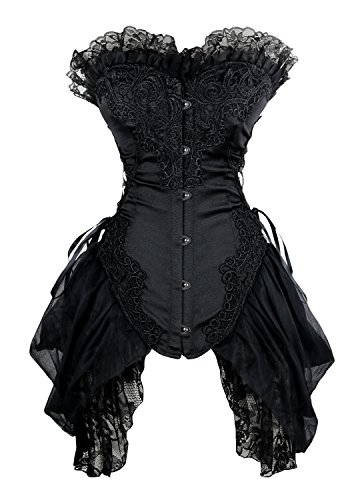 Charmian Sexy trägerloses Gothic-Korsett mit Blumenstickerei für Damen mit Spitzenrock Schwarz Mittel von Charmian