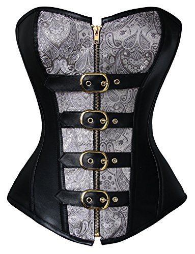 Charmian Women's 12 Spiral Steel Bones Steampunk Vintage Faux Leather Zipper Overbust Corset Zipper-Black Medium von Charmian