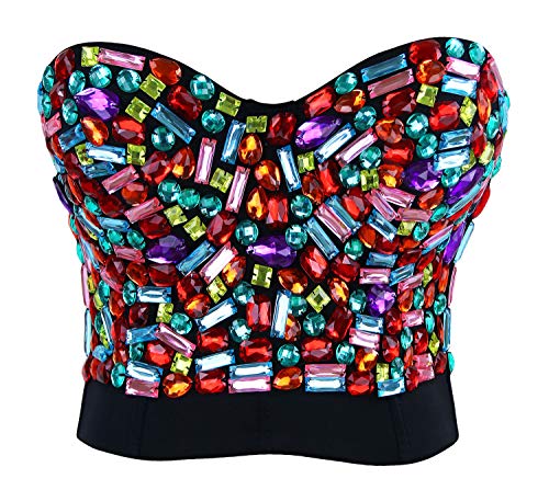 Charmian Women's Colorful Rhinestone Push Up Bra Clubwear Party Bustier Crop Top Valentines Bra Top Black Large von Charmian