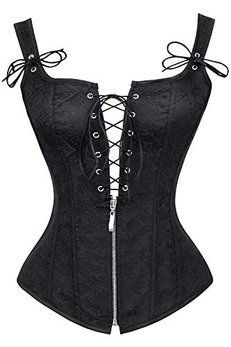 Charmian Women's Renaissance Lace Up Jacquard Floral Printed Vintage Boned Bustier Corset with Garters Black/Floral XX-Large von Charmian