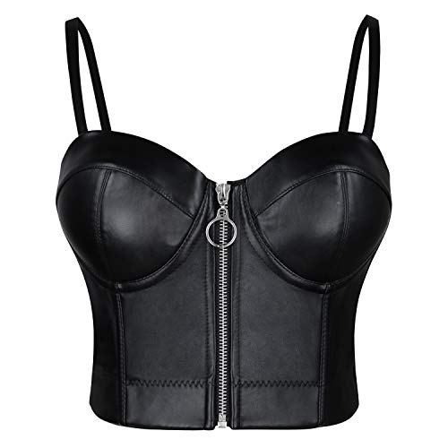 Charmian Women's Spaghetti Straps Gothic PU Leather Corset Bustier Front Zipper Crop Top Bra Black Medium von Charmian