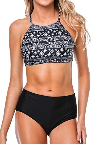 CharmLeaks Women's High Neck Bikini Swimwear Tribal Swimsuit Set Black 2 Piece L von CharmLeaks