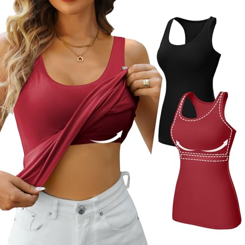 Charmo Top Damen mit Regal BH Basic Tank Tops Racerback Stretch Baumwoll Unterhemd Slim Fit eng Oberteile Sommer 2er Pack(Keine Cups) von Charmo