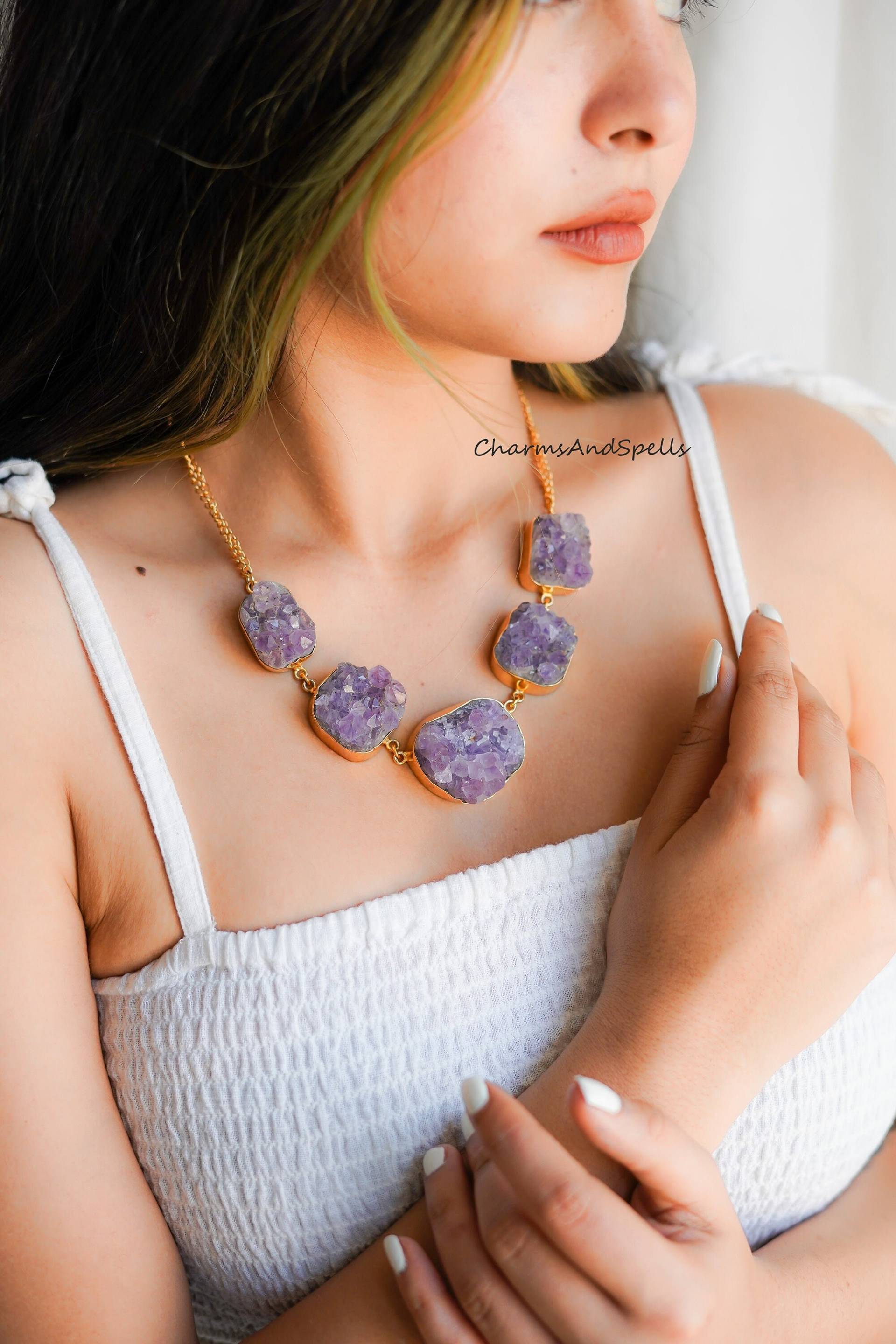 Amethyst Kristall Druzy Halskette, Rohe Witchy Halskette Für Frauen, Amethyst, Geschenk Valentinstag Geschenke von CharmsAndSpellsIn